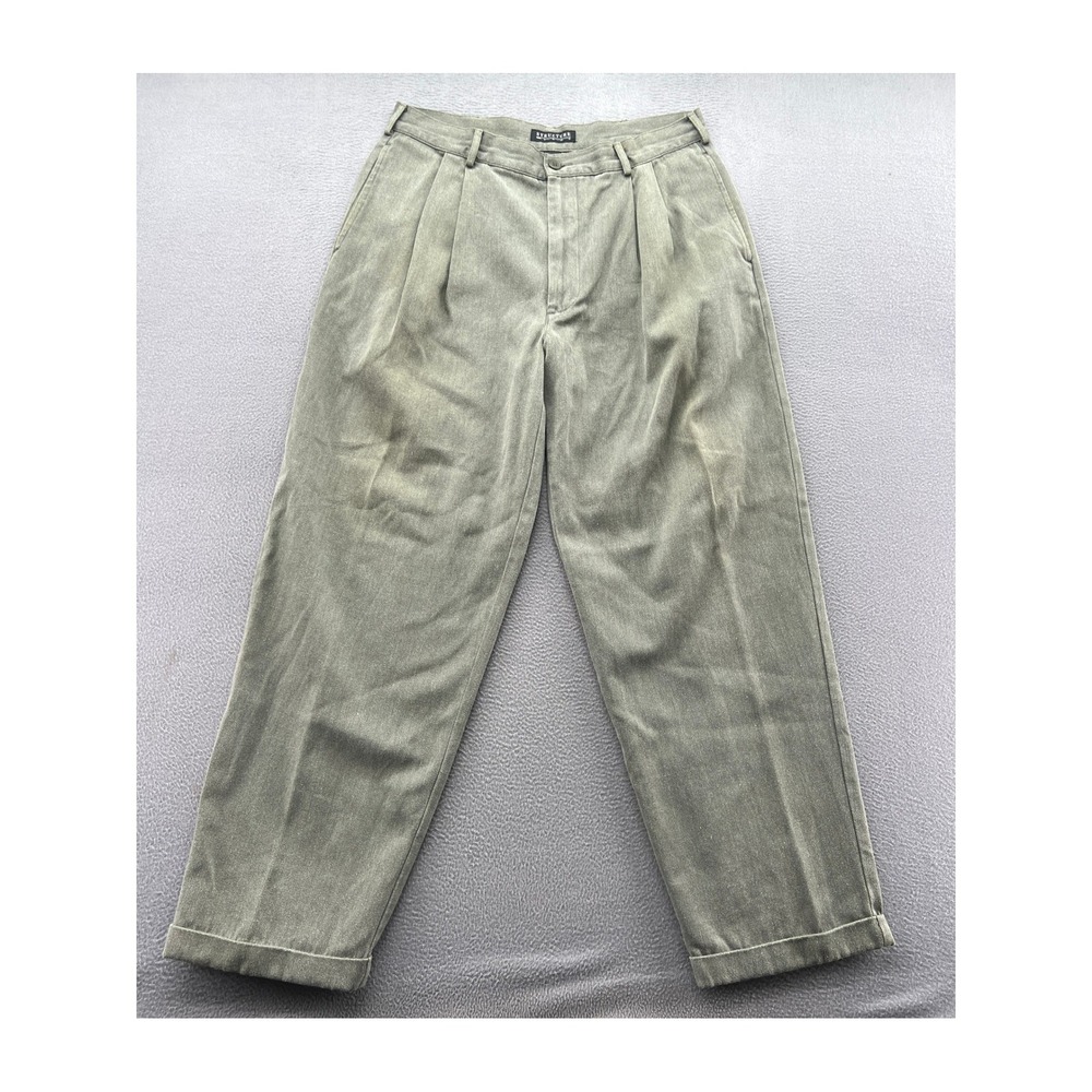 VTG Structure Pants Mens 36x30 Pleated Chinos Olive Green Canvas Straight Leg